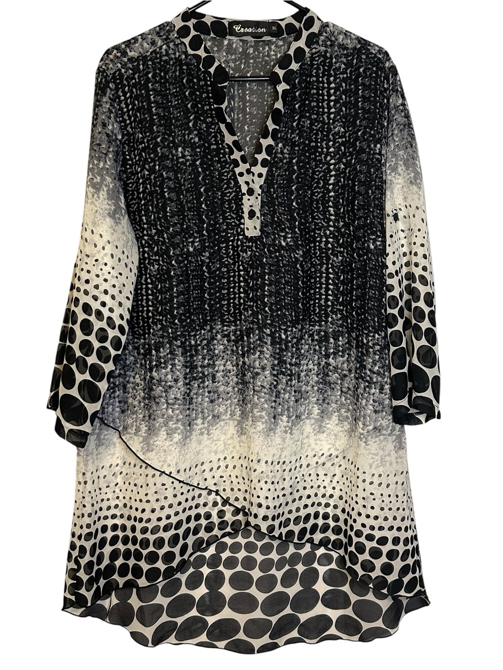 Creation XL Sheer Tunic Blouse Black White Polka Dot Abstract Layered Boho Top